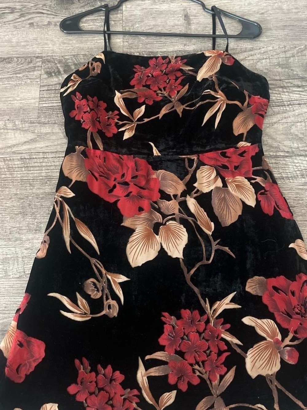 Black Velvet Strapless Mini Dress with Red Floral Print